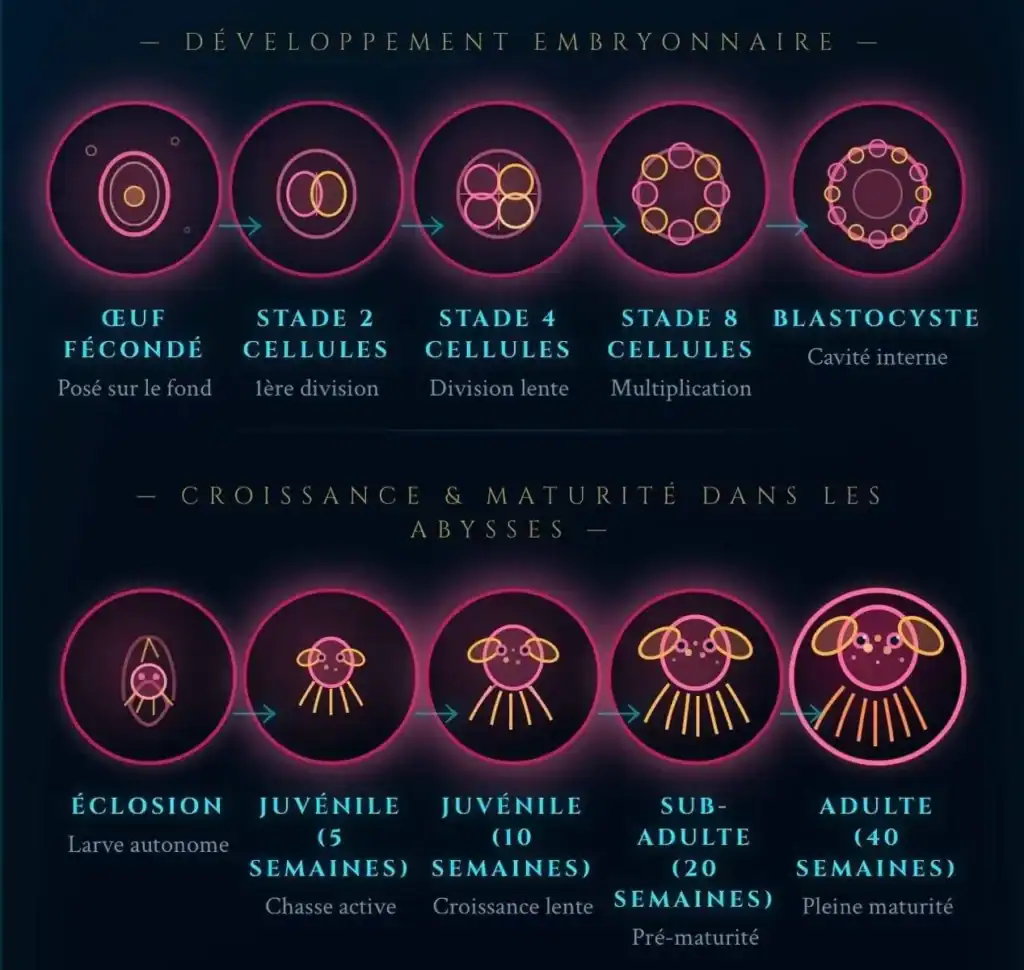 Illustration simplifié d’un cycle de vie de poulpe dumbo